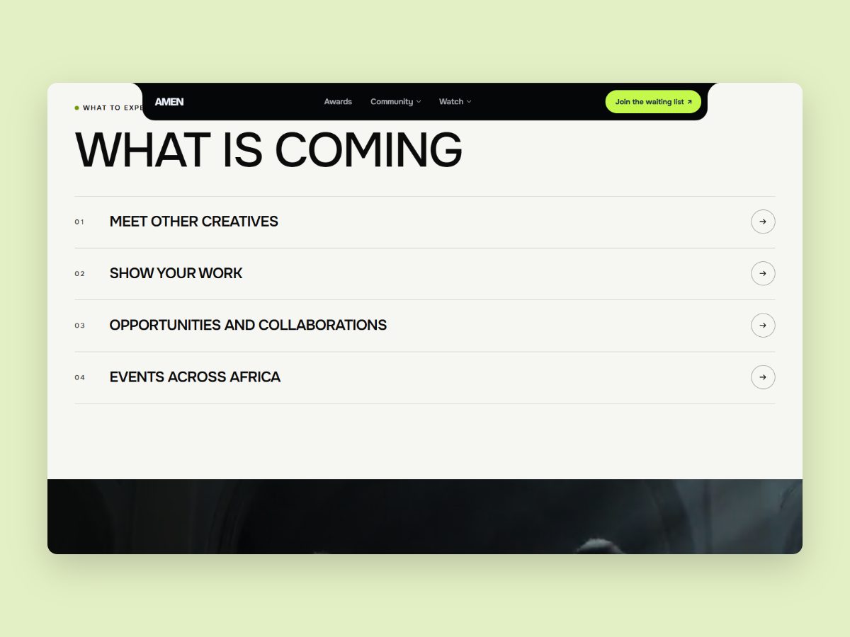 The Community page section What is coming, with four numbered rows: Meet other creatives, Show your work, Opportunities and collaborations, and Events across Africa.