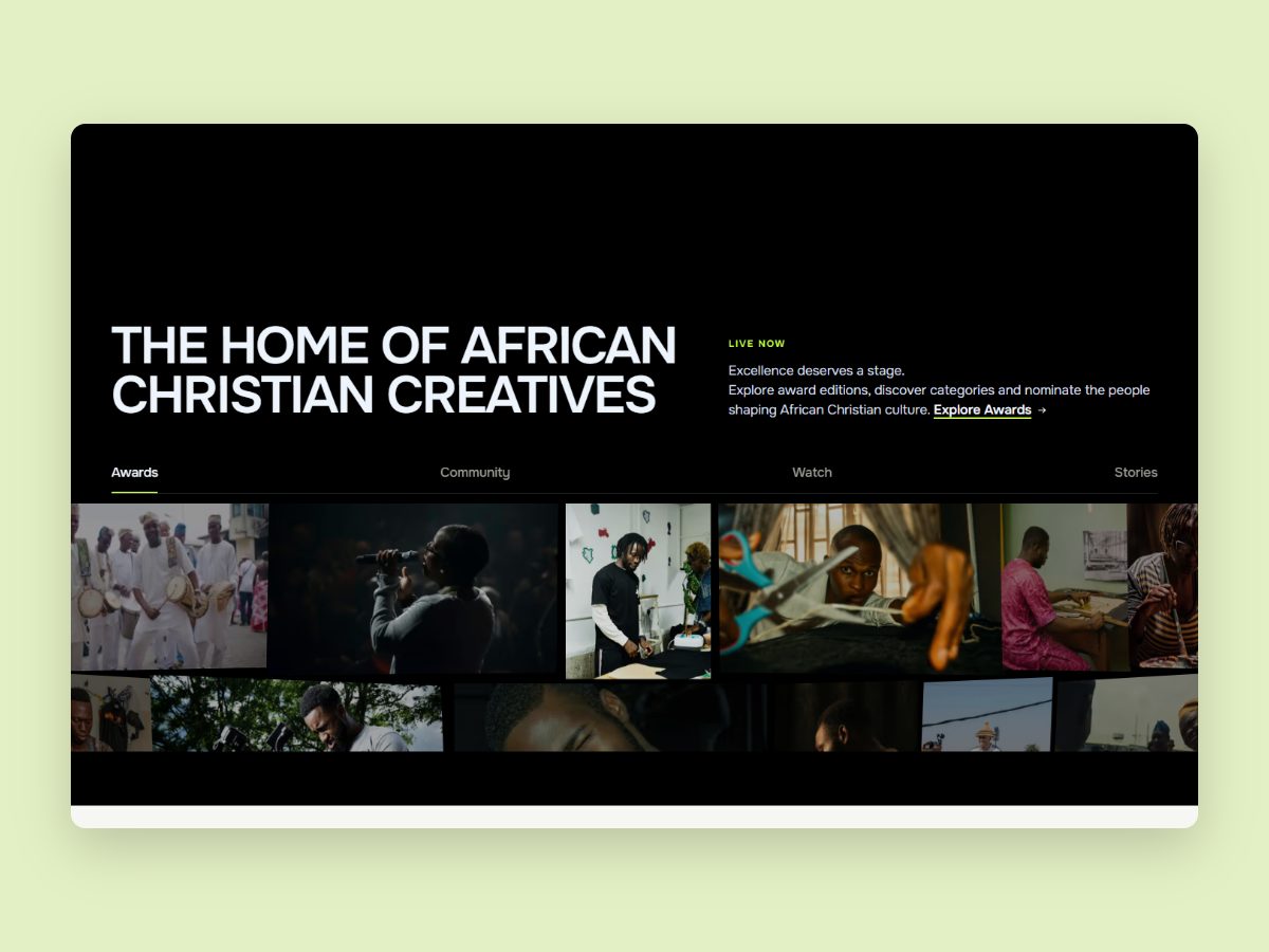 The AMEN home page on desktop: the headline The home of African Christian creatives, Live now, Awards, Community, Watch and Stories tabs, and a mosaic of creatives at work.