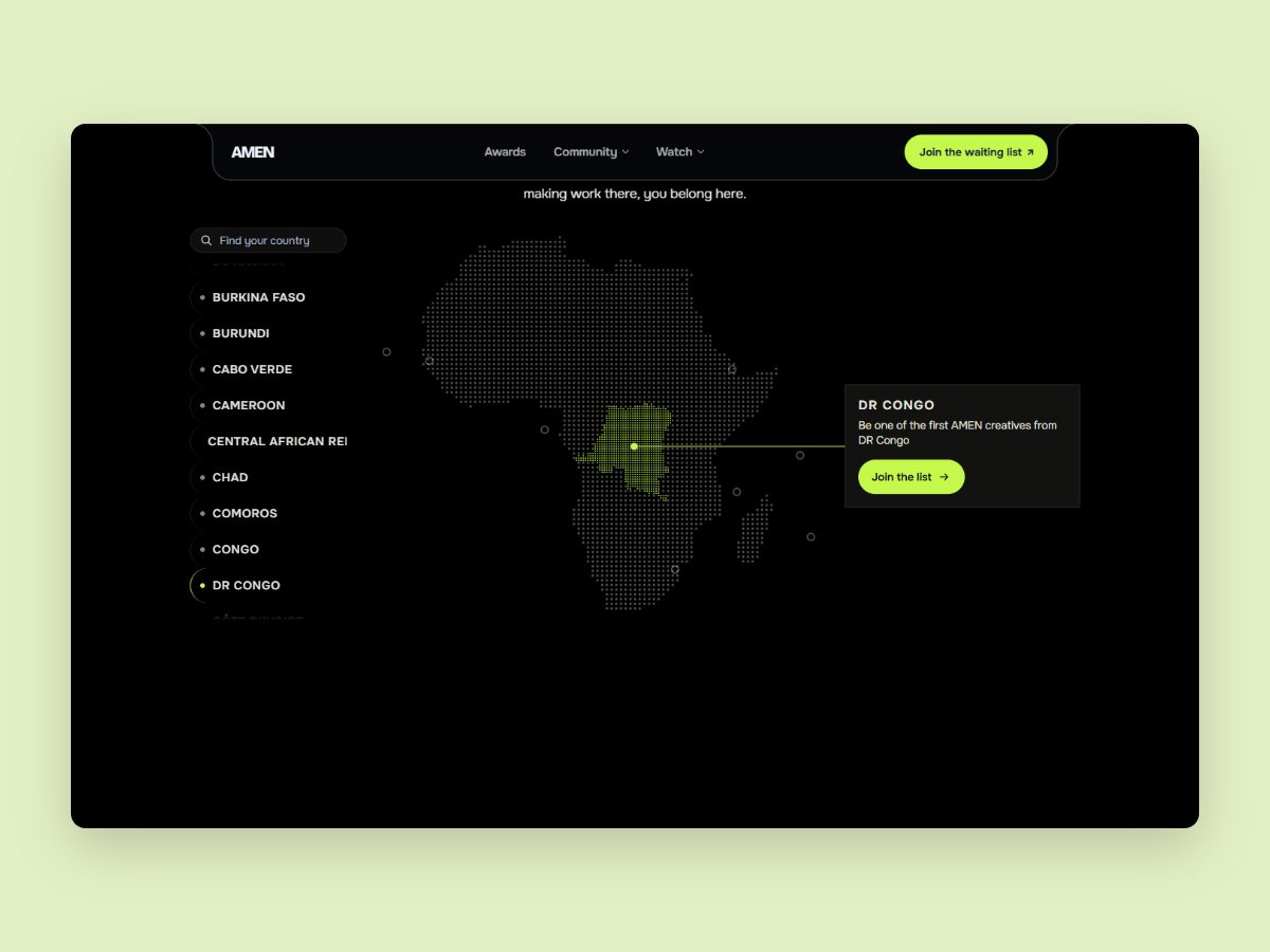 The AMEN home page map of Africa: a dotted map with DR Congo highlighted, a Find your country search with a list of countries, and a card saying Be one of the first AMEN creatives from DR Congo, with a Join the list button.