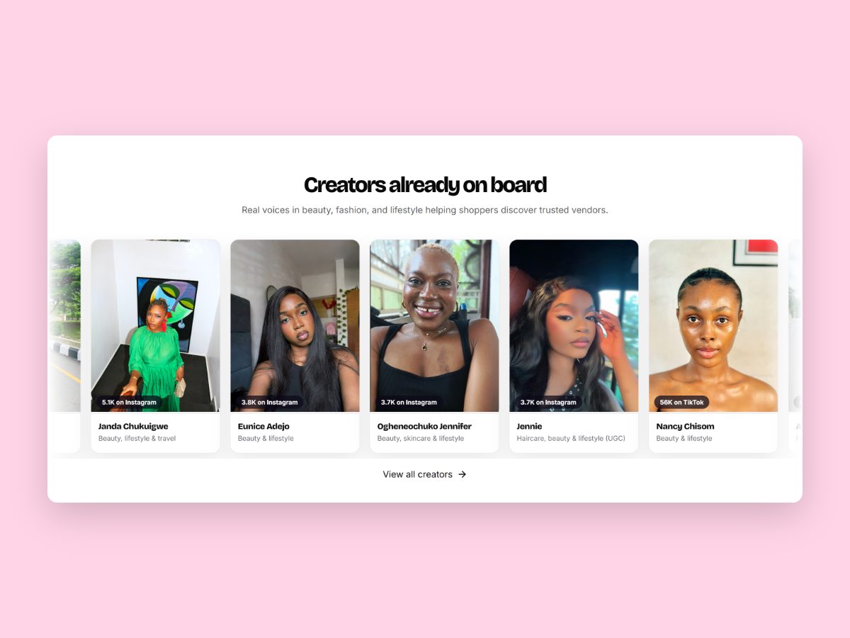 The Creators already on board section: creator cards with photos, names, what they create, and follower counts on Instagram and TikTok.
