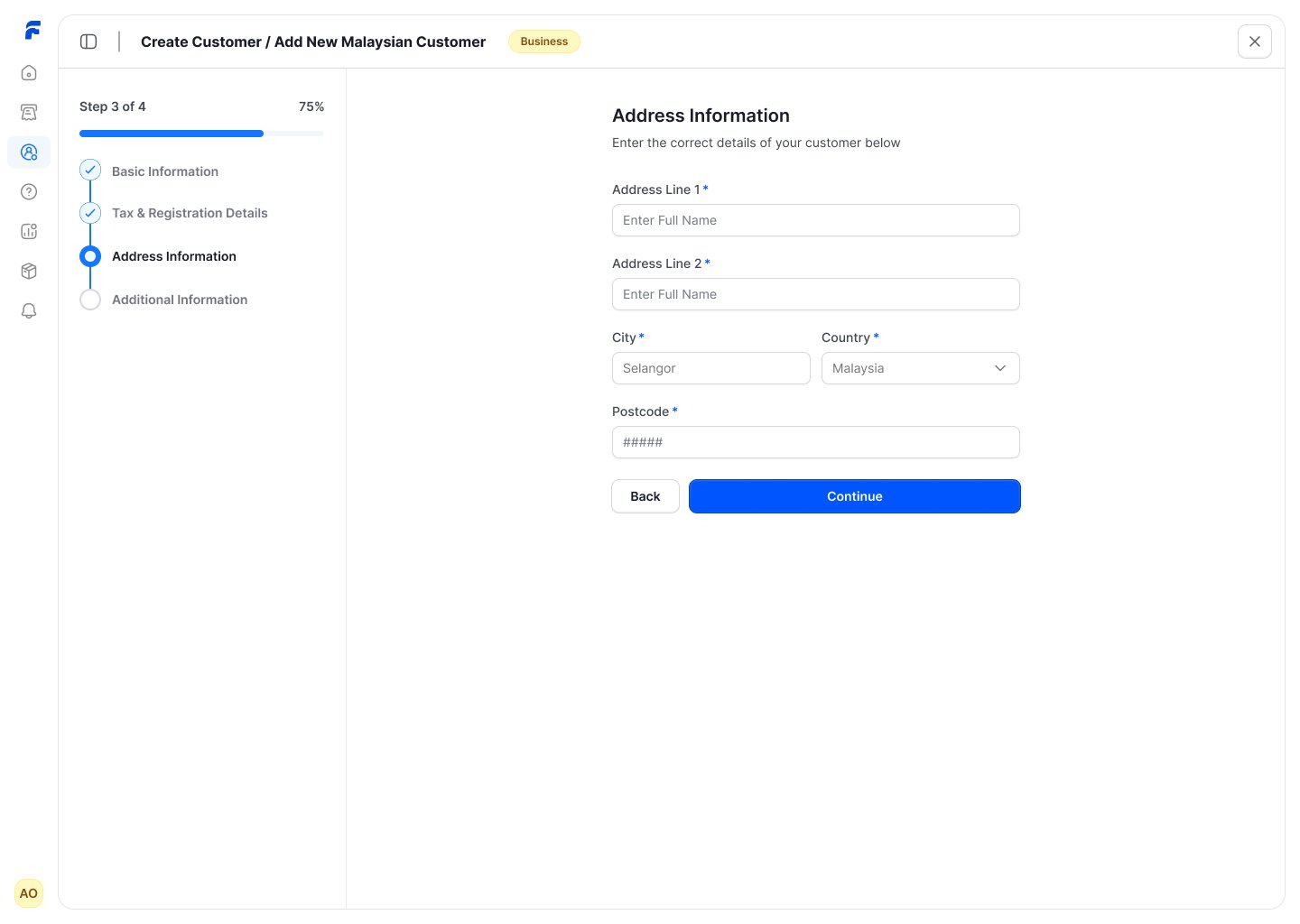 After: the redesigned Add New Malaysian Customer screen with a Business tag, an icon rail, step 3 of 4 Address Information with a blue progress bar, and one column of required address fields with Back and Continue buttons.