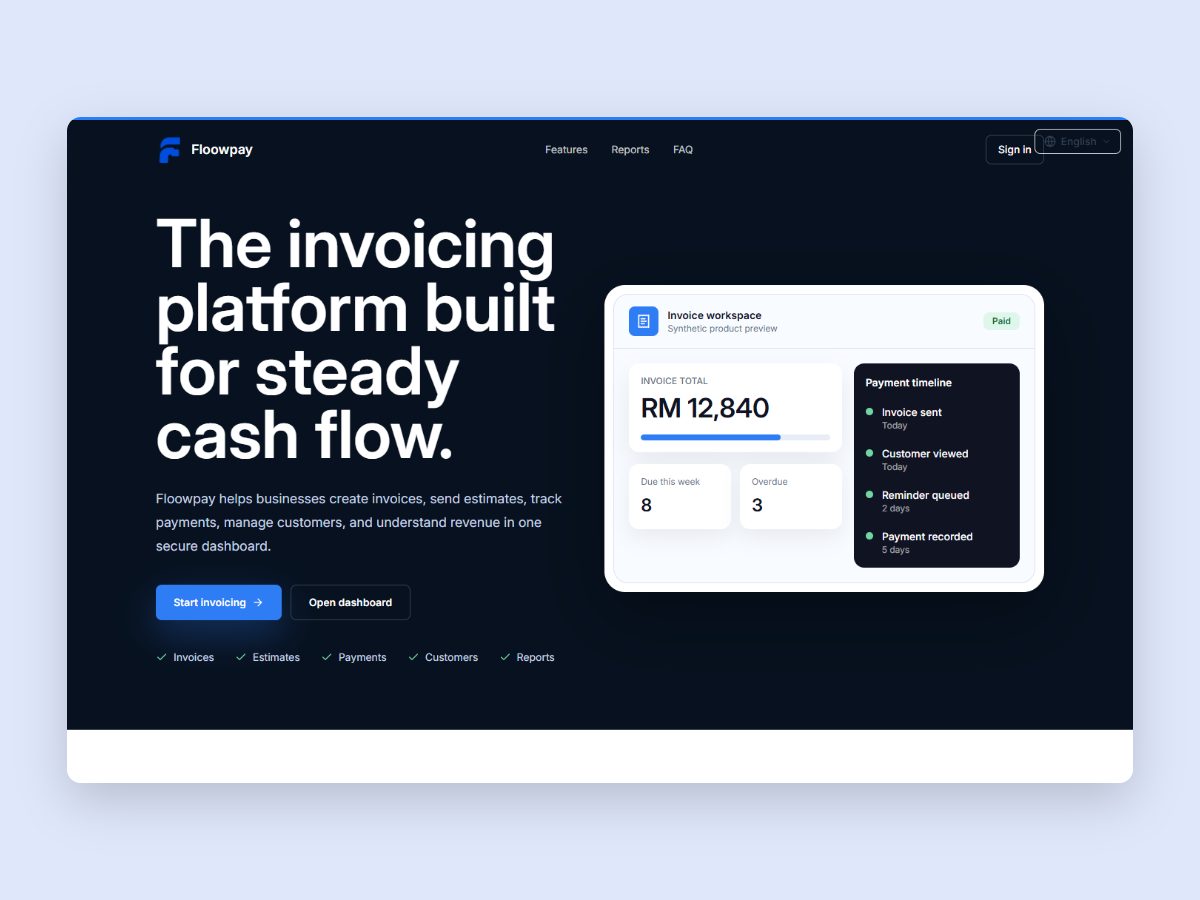 The Floowpay app landing page: a dark hero with a mock invoice workspace showing a total of RM 12,840, due and overdue counts, and a payment timeline.