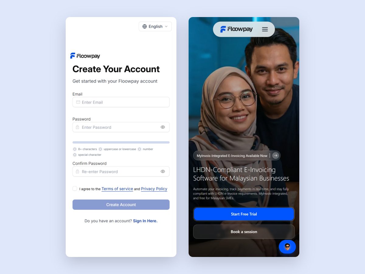 Two Floowpay phone screens: the Create Your Account form with a password checklist, and the marketing home page promoting e-invoicing.