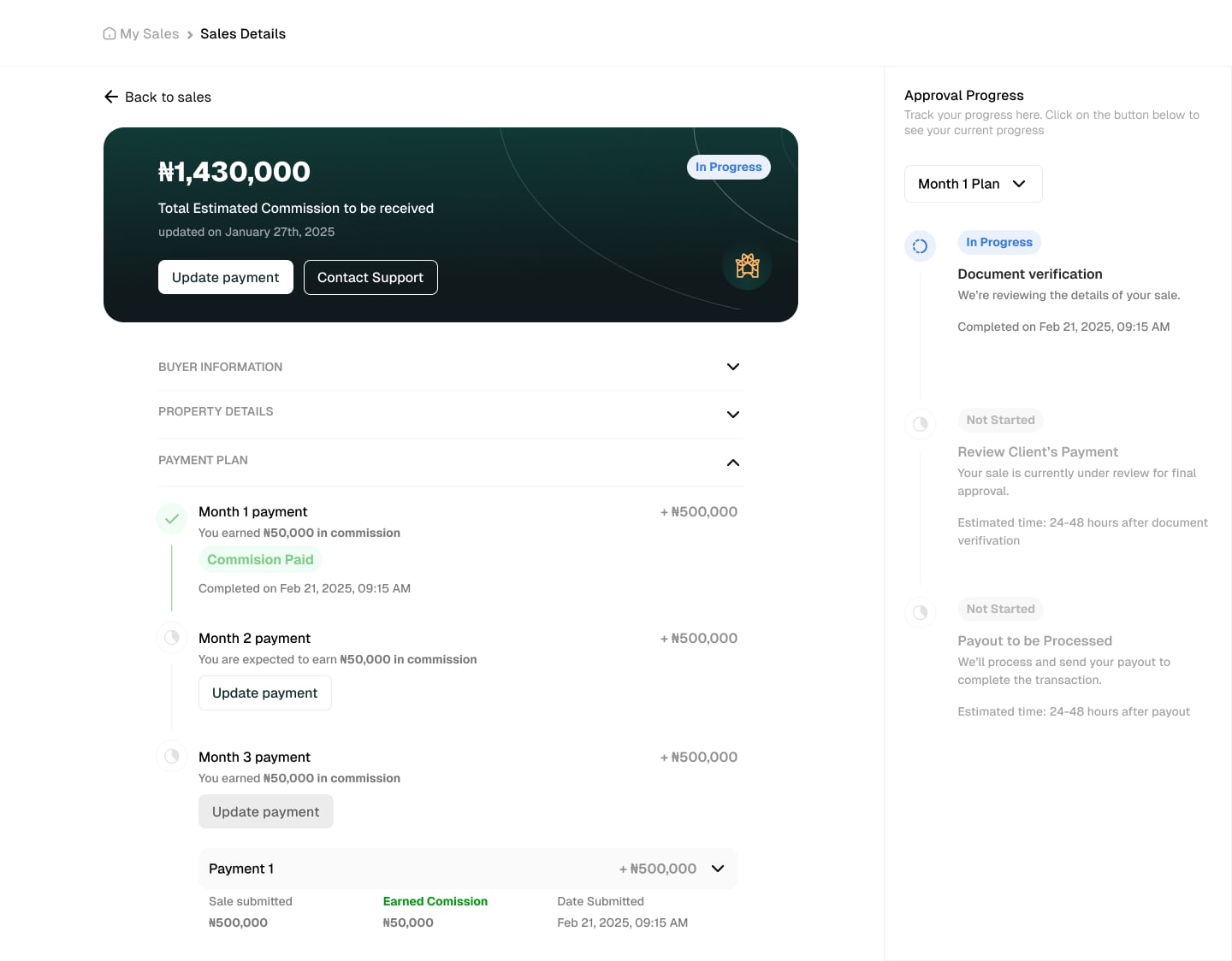 The refined Landnest sale details screen: the estimated commission card, collapsible buyer and property sections, and a payment plan listing Month 1 with commission paid, Month 2 and Month 3 with Update payment buttons, and a Month 1 Plan selector on the approval progress panel.
