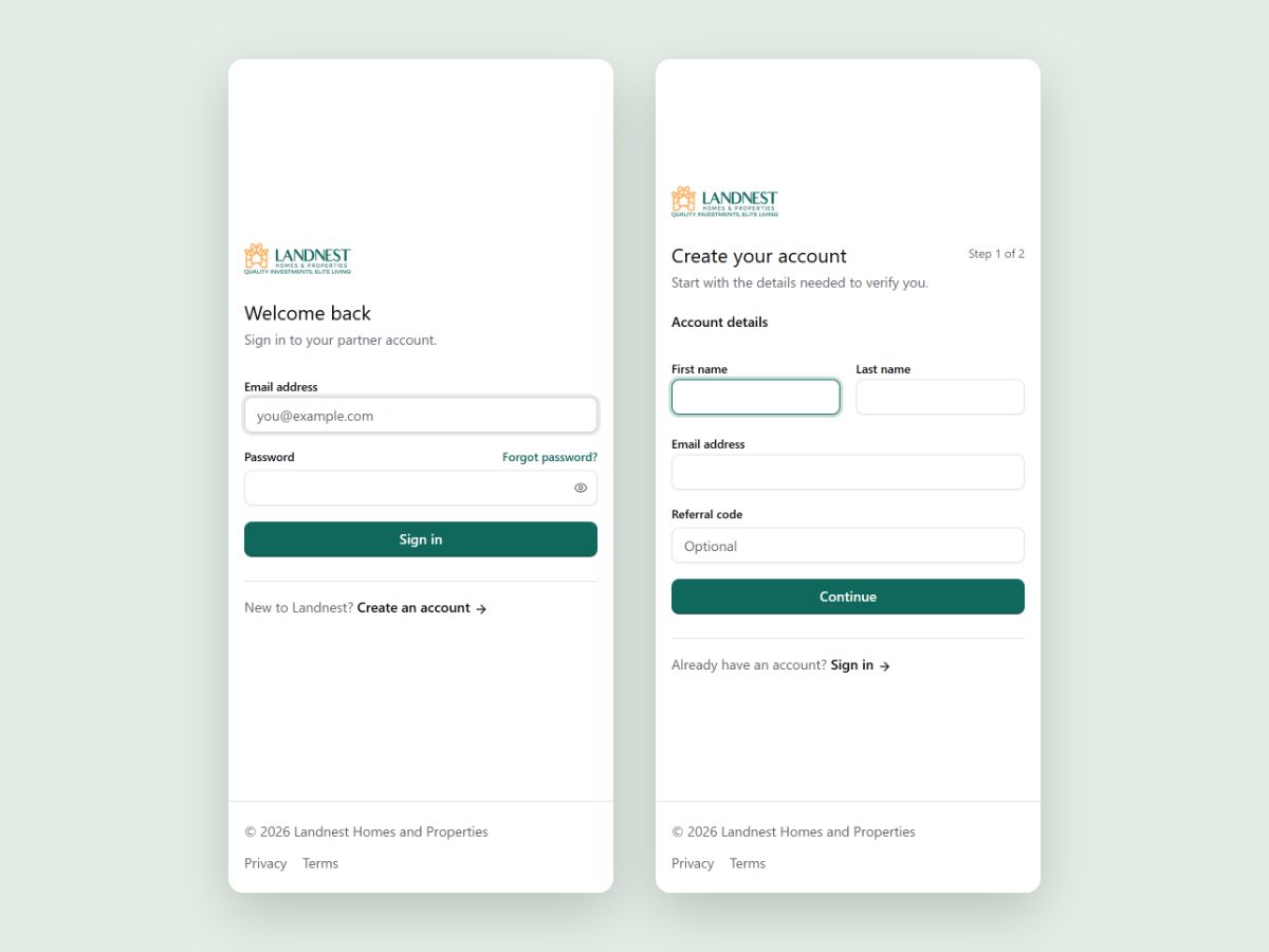 Two Landnest partner onboarding screens on a phone: Welcome back, a sign-in form with email, password and Forgot password; and Create your account, step 1 of 2, with first name, last name, email and an optional referral code.