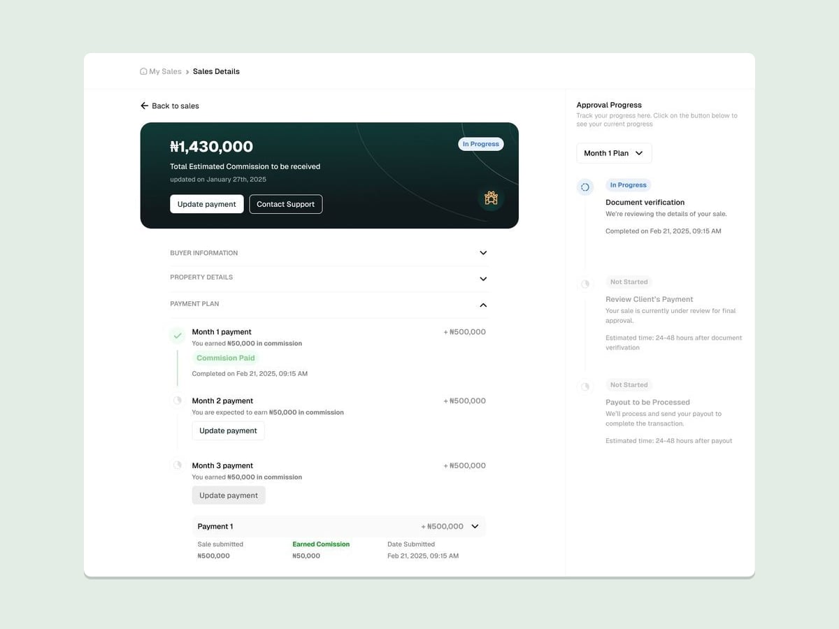 A Landnest sale details screen: the estimated commission, a payment plan with three monthly payments and the commission earned on each, and an approval progress panel beside it.