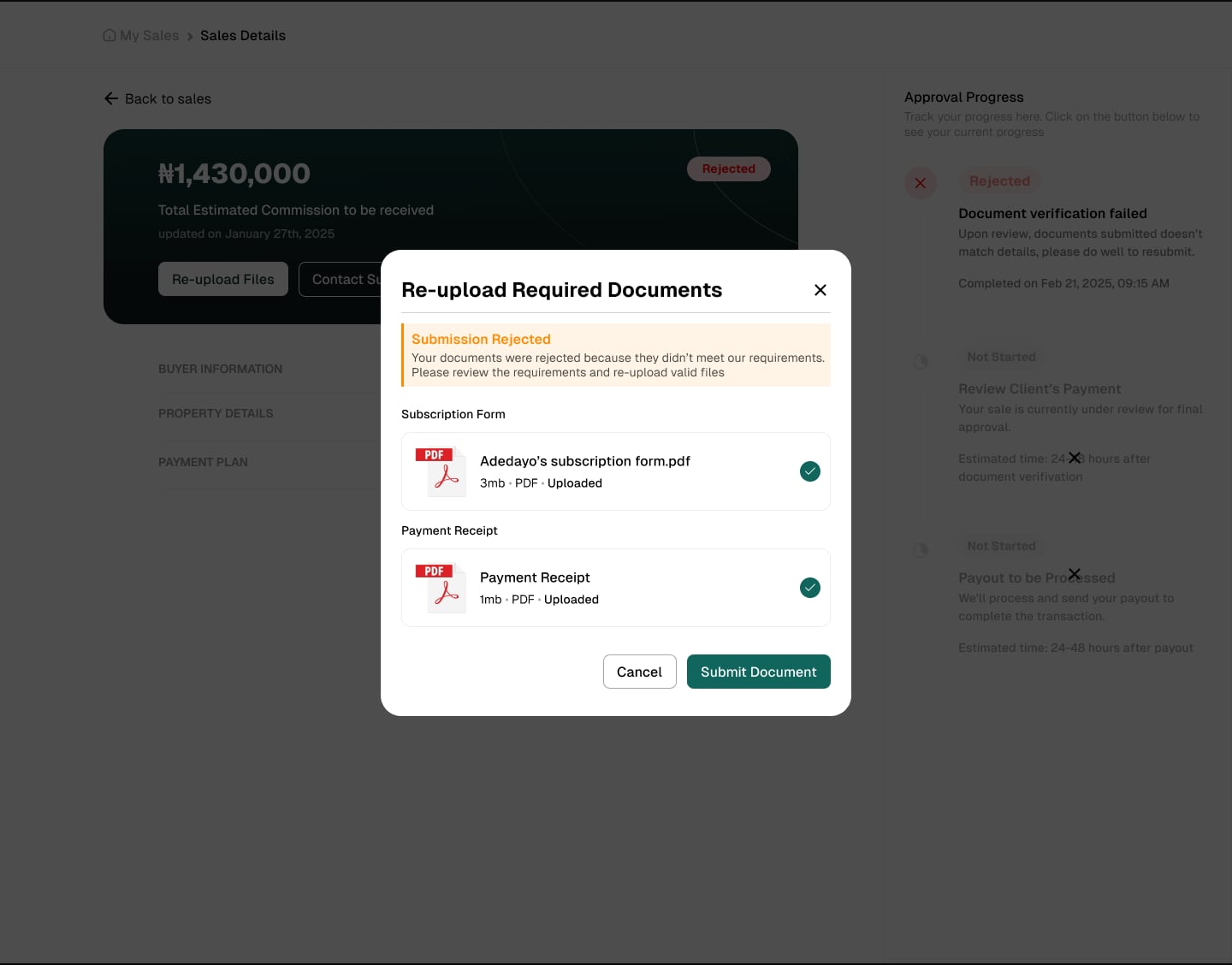 A Re-upload Required Documents dialog over a rejected sale: a Submission Rejected notice explaining that the documents did not meet the requirements, the uploaded subscription form and payment receipt, and Cancel and Submit Document buttons.