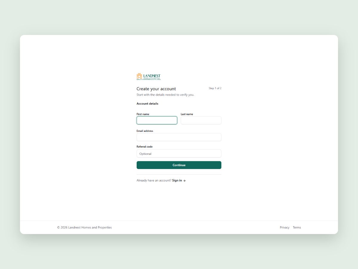 The Landnest Create your account screen on desktop: the Landnest logo, Step 1 of 2, account details with first name, last name, email and an optional referral code, and a green Continue button.